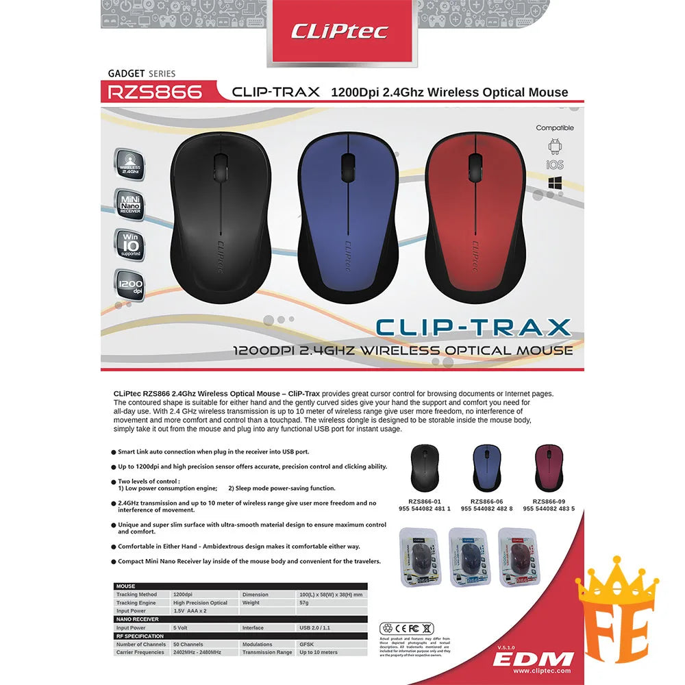 CLiPtec RZS866 1200 dpi 2.4Ghz Wireless Mouse- CLiP-Trax RZS-866