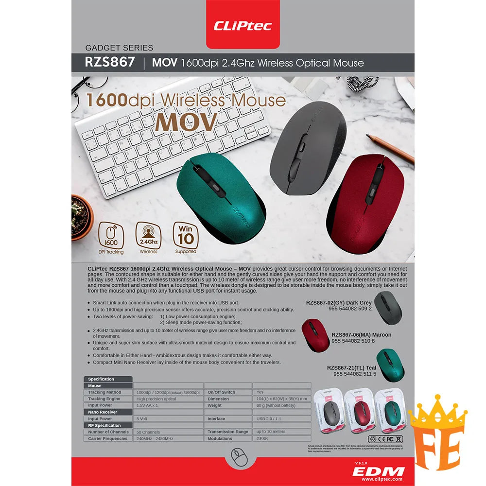 CLiPtec RZS867 1600dpi 2.4Ghz Wireless Optical MouseÃ¢â‚¬â€œ MOV RZS-867