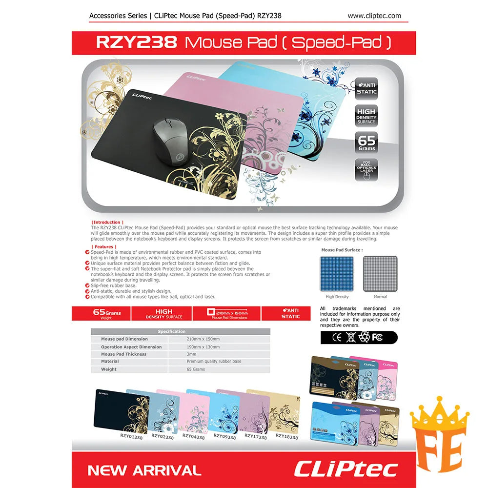 CLiPtec Optical Mouse Pad (Speed-Pad) 65 grams weight, High density surface, 210mm x 150mm, Anti-Static Random Colour RZY-238