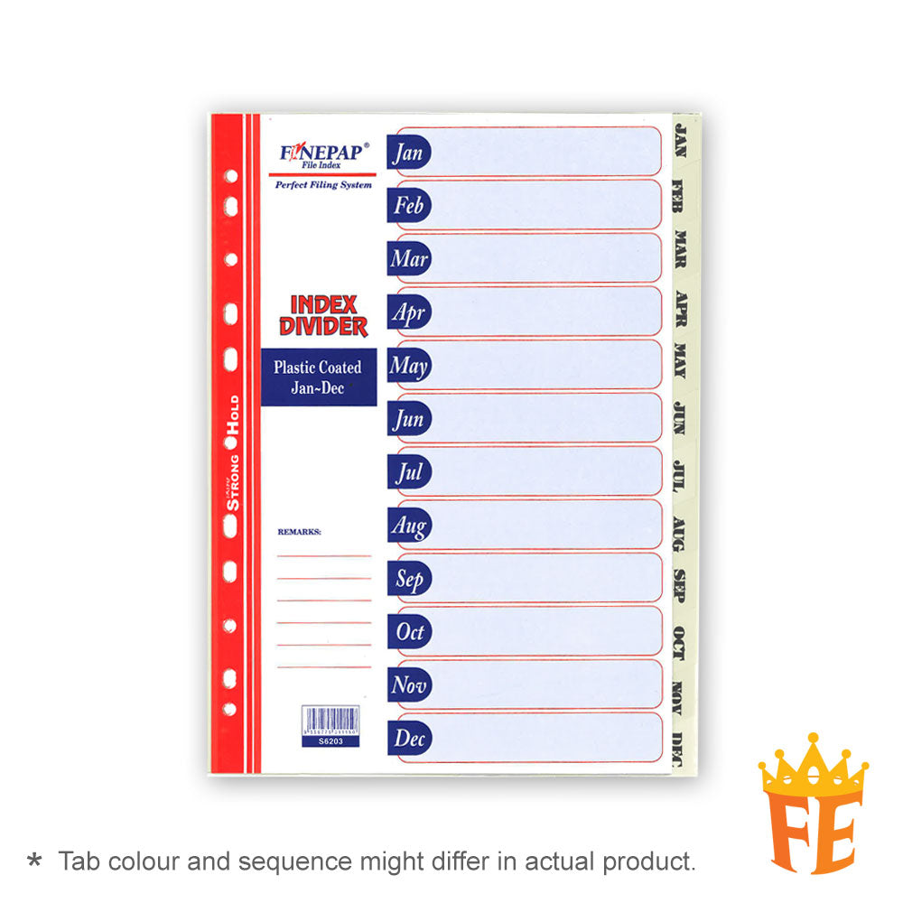 Finepap Plastic Coated Index Divider Jan-Dec / A-Z / 1-12 / 1-31 / 5 Tabs / 10 Tabs / 12 Tabs